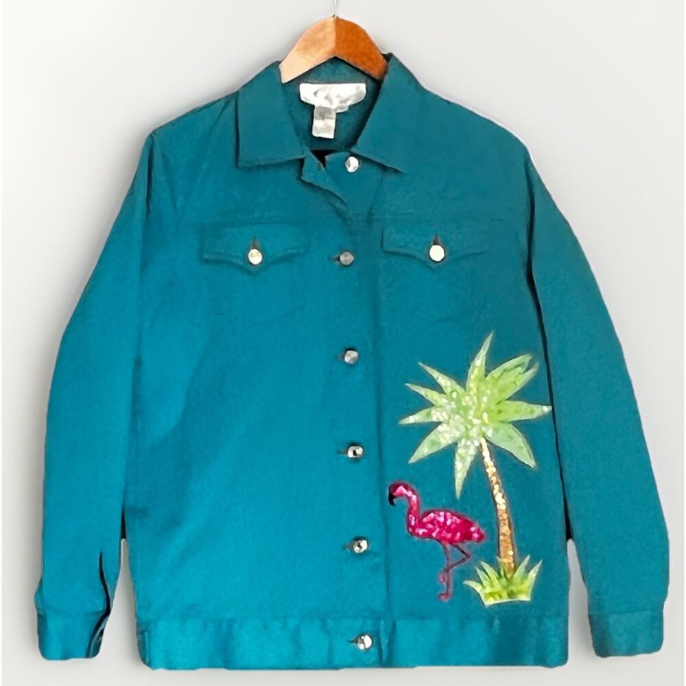 Diane's Essentials Denim Jacket Womens Sz S Turquoise Flamingo Tropical Sequins